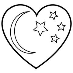 Heart-Shaped Line Art with Moon and Stars