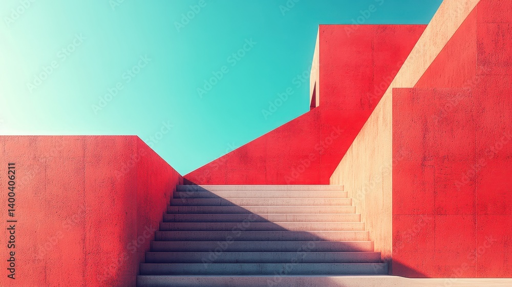 Poster modern architectural structures in vibrant colors against a clear blue sky during the daytime showca