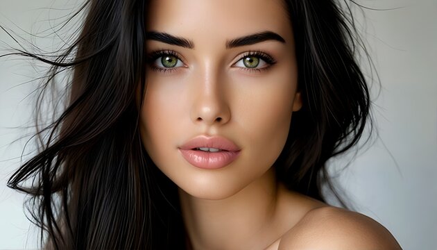 a captivating close-up portrait of a beautiful woman with striking green eyes and flowing dark hair against a soft, neutral background.