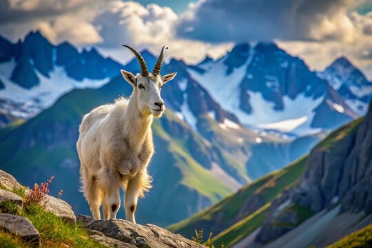 Majestic Mountain Goat: Wildlife Animal in Alpine Landscape PNG Stock Photo