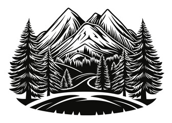 Obraz premium Mountain Landscape with Pine Trees and Road in Woodcut Style Art