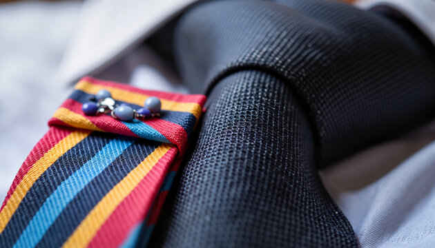 Close-up of Textured Dark Necktie and Colorful Clip-on Tie for Fashion Blogs, Formal Wear Websites, Style Guides, and Personal Styling Presentations