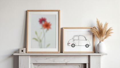 Framed Blurred Floral Art and Simple Car Drawing on Mantle for Home Decor, Interior Design Inspiration, Online Marketplaces, and Lifestyle Blogs
