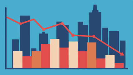 Fototapeta premium Housing Market Graph A simple line graph showing rising rent prices over time against the backdrop of a city skyline. A downward arrow s the local average income