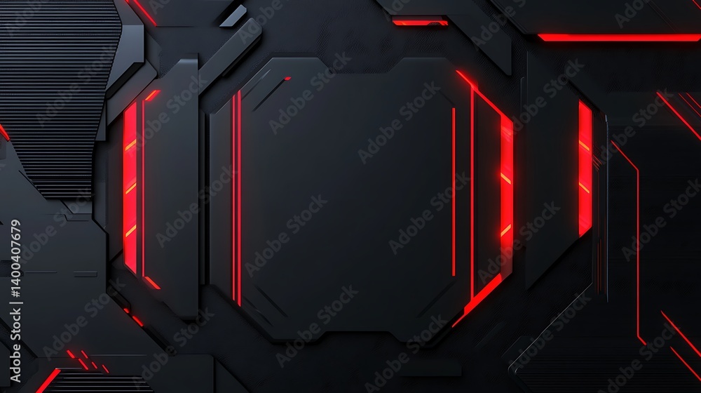 Poster abstract digital background featuring dark geometric shapes with vibrant red neon accents and intric
