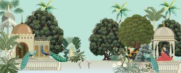 Traditional Mughal Garden Mural Illustration, Mughal Wallpaper, Peacock, Birds, Mughal Arch. © Sharif