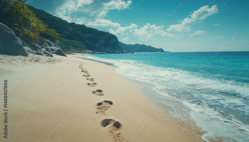 Poster Tranquil beach with footprints leading to calm waters during a sunny day in a secluded coastal location