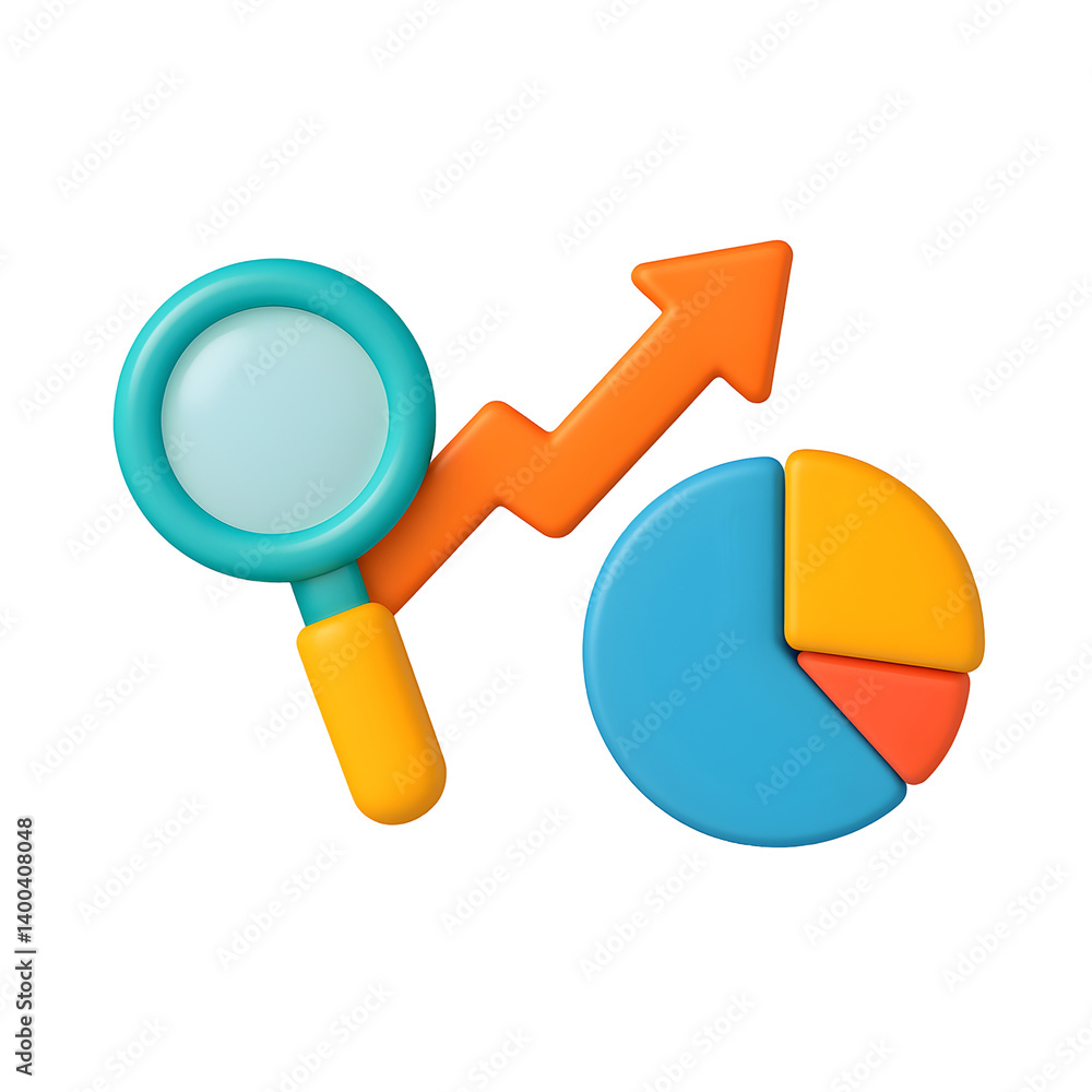 Poster 3d analytics icon with magnifier, arrow and pie chart on png transparency background for business gr