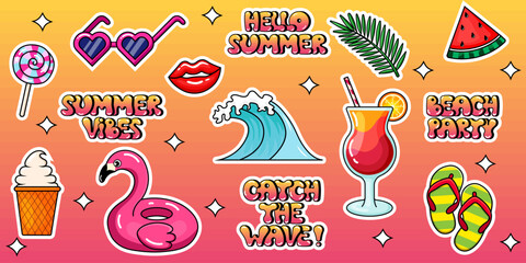 Summer vector set in retro style. Summer icon set for sticker, signs, banners. Glasses, cocktail, wave, ice cream, lollipop, flip flops, watermelon, flamingo, summer phrase . Vector illustration
