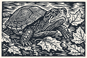 Fototapeta premium Black and white woodcut vector illustration of a turtle or tortoise among leaves. Detailed linocut engraving style reptile graphic.