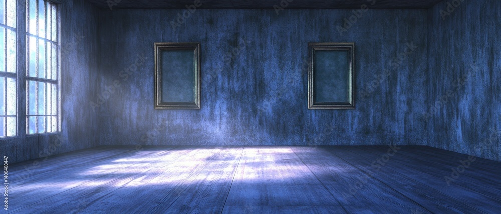 Poster eerie blue room with sunlight streaming through window and two empty frames on the wall creating a m