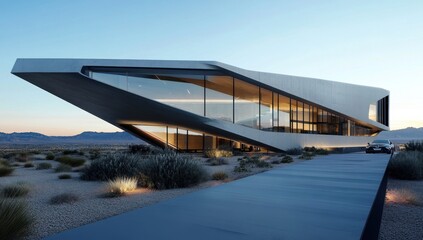 Obraz premium Modern, futuristic, desert home design. Exterior view of a contemporary, angled house with large glass windows, situated on a barren landscape