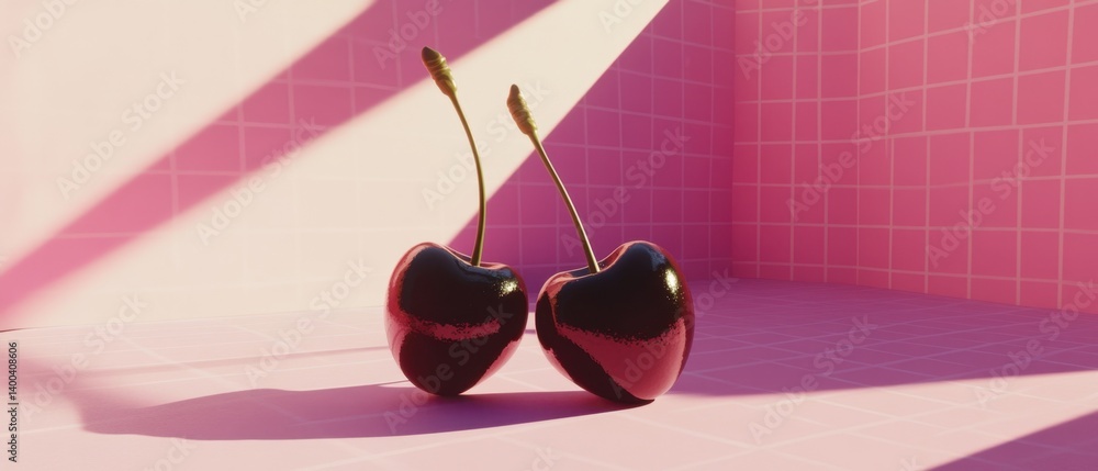 Poster two glossy cherries on pink tiled floor with light and shadow creating a playful and modern aestheti