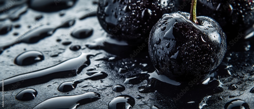 Aufkleber glossy cherries with water droplets on dark background capturing freshness and rich color in a macro