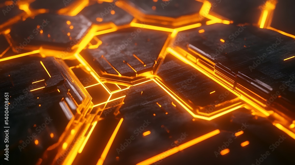 Poster abstract digital background featuring glowing orange hexagonal shapes interconnected with dark metal