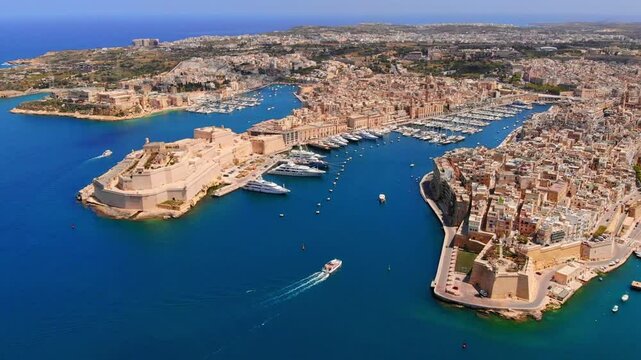 Aerial top view Valletta capital city of Malta. Panorama senglea, Birgu, Kalkara