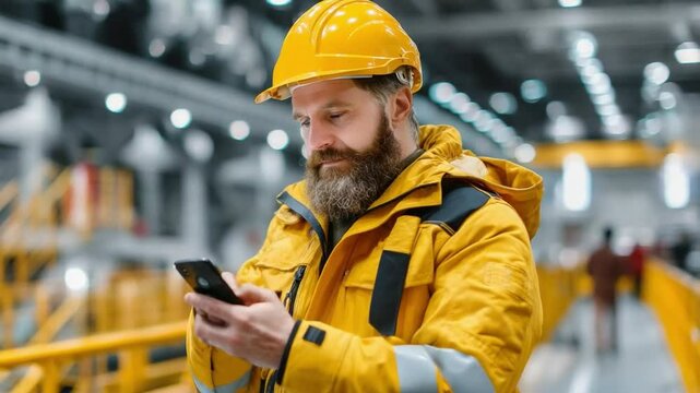 Factory worker checking mobile phone: A focused industrial worker in a yellow hard hat and safety jacket checks his smartphone, showcasing modern technology in a bustling factory setting.