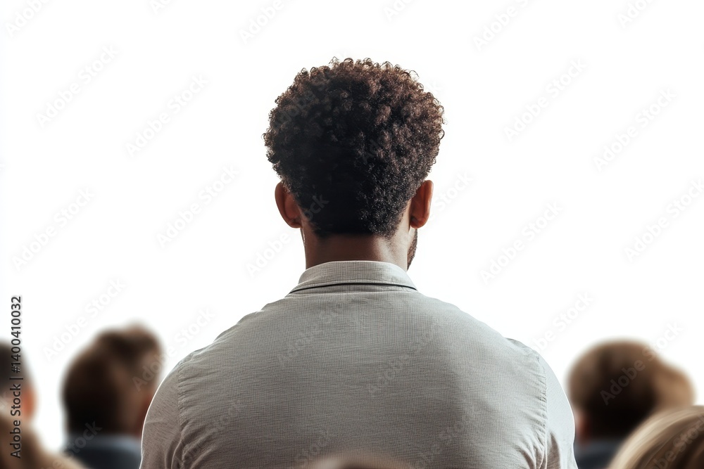 Poster Speaker engages audience during conference presentation in a modern auditorium filled with attentive listeners in the evening