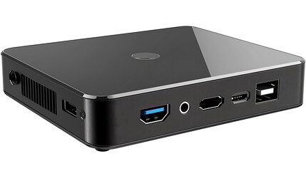 Obraz premium Compact Mini PC with Sleek Fanless Design for Silent Operation, Featuring HDMI, USB, Audio, and Network Ports – Ideal for Home Theater, Office, and Portable Computing with High Performance Efficiency