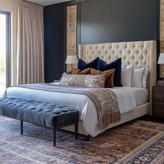 A luxurious bedroom with a dark-toned aesthetic and cozy bedding.