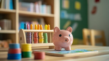 Piggy Bank, Abacus, and Stacking Toys on Classroom Desk - Saving for Education Concept
