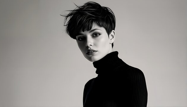 a striking black and white portrait of a woman with a short haircut and turtleneck sweater, gazing slightly off-camera with a contemplative expression.