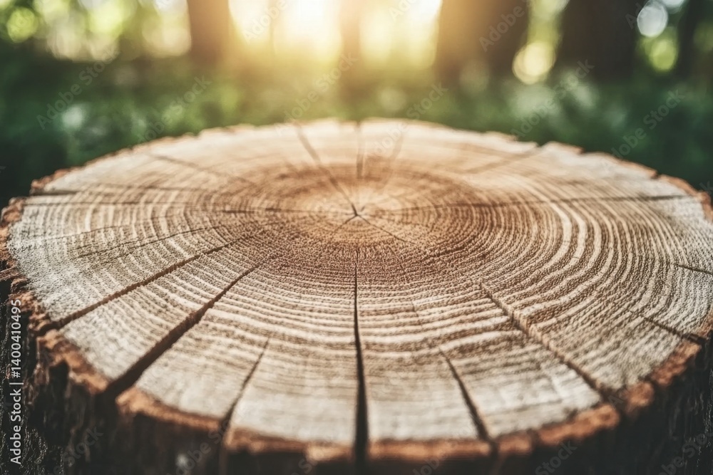 Poster close up of a weathered tree stump showcasing concentric growth rings in a serene forest setting wit