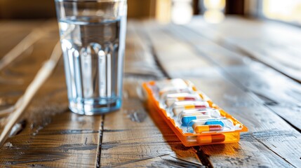 Colorful capsules in a pill organizer on a wooden table with a glass of water, representing daily medication routine for chronic illness management and health care.
