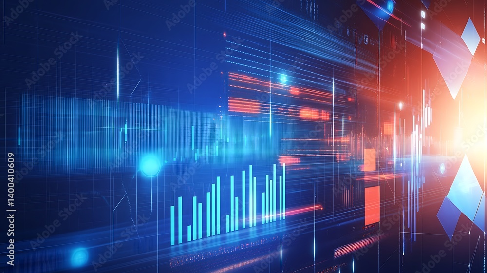 Poster abstract digital visualization of data metrics with glowing charts and lines depicting analytics in 