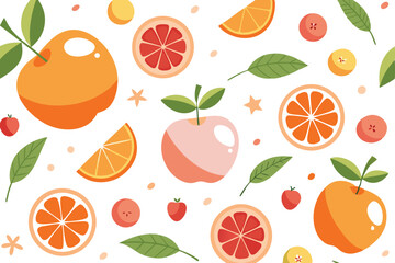 Fresh Fruit Pattern with Apples, Oranges, Grapefruit and Leaves on White