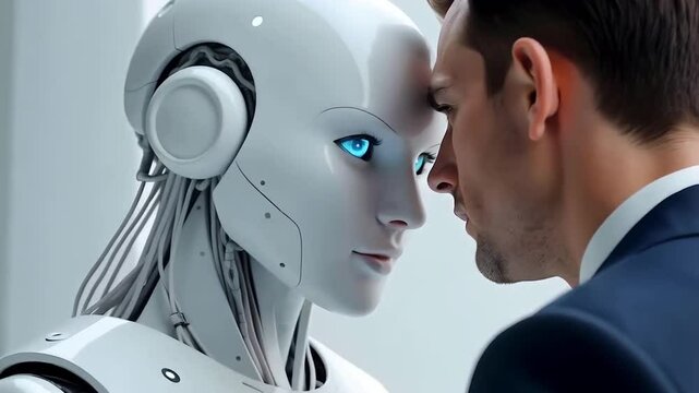 Robot and man face off, battle, artificial intelligence on a white background
