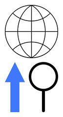 Globe, upward arrow, and magnifying glass suggest worldwide growth, exploration, progress, and research. Ideal for global trends, data success innovation vision discovery. Flat simple metaphor