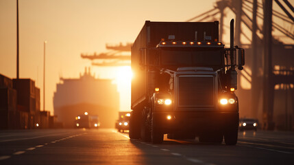 Container Truck at Sunrise in Shipping Port