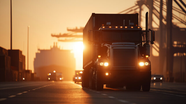 Container Truck at Sunrise in Shipping Port