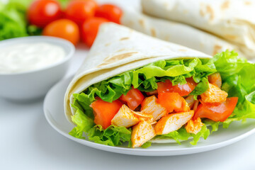 Fresh and healthy wrap filled with chicken, lettuce, and tomatoes, served with side of creamy sauce