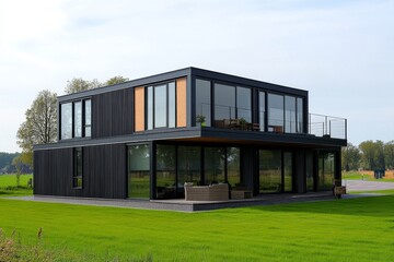 Fototapeta premium Modern, contemporary, stylish, black house on grassy land
