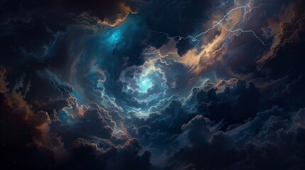 Fototapeta premium Stormy celestial clouds swirling. Vast, swirling, cosmic clouds with lightning and light