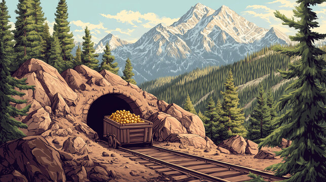old gold mine entrance in the mountains with a cart full of gold nuggets on rails, perfect for historical illustrations, adventure-themed games, books, or educational content about mining and explorat