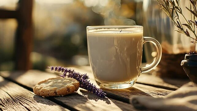 Sunlit outdoor scene with a glass mug of creamy beverage, a shortbread cookie, and lavender sprigs on rustic wood