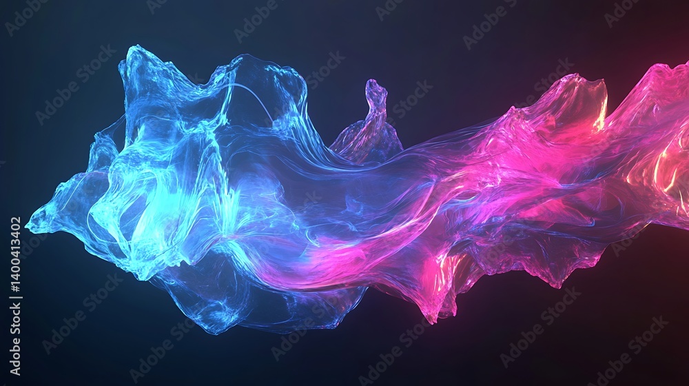 Poster abstract flowing wave of vibrant blue and pink light particles creating a dynamic visual atmosphere 
