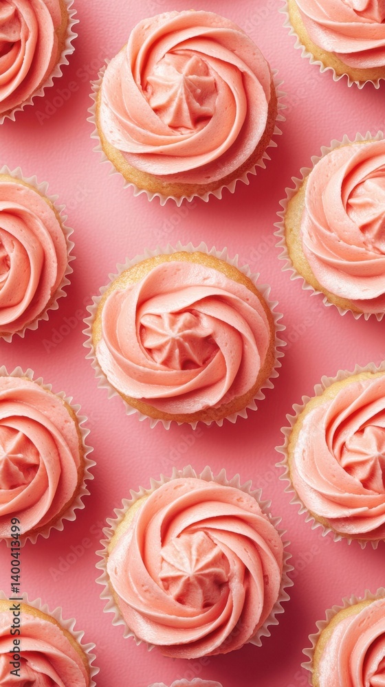 Poster delicious cupcakes with pink frosting arranged on a pink surface creating a sweet and visually appea
