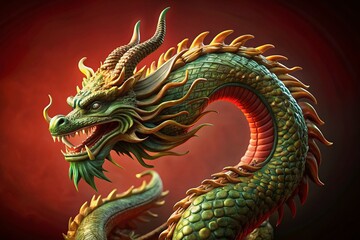 Fototapeta premium Majestic Chinese Dragon Soaring on Red - Powerful Mythical Creature Stock Photo