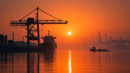 Fototapeta premium Shipyard at Sunrise with Cargo and Machinery Efficiencies