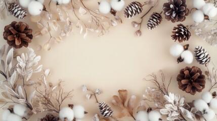 Delicate rectangular frame made of winter florals: cotton flowers, pinecones, dry eucalyptus, light snow dusting, soft beige background, flat lay
