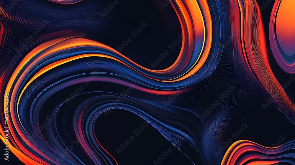 Poster abstract flow of vivid orange, blue, and black colors creating fluid shapes and patterns, evoking a 