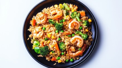 A plate of shrimp fried rice featuring shrimp, rice, broccoli, peas, carrots, and corn, presented on a black plate.