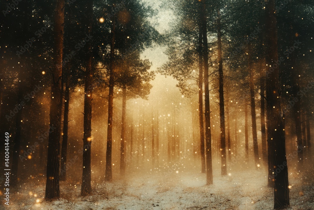 Poster golden sunlight filters through tall pine trees creating a magical forest atmosphere during a foggy 
