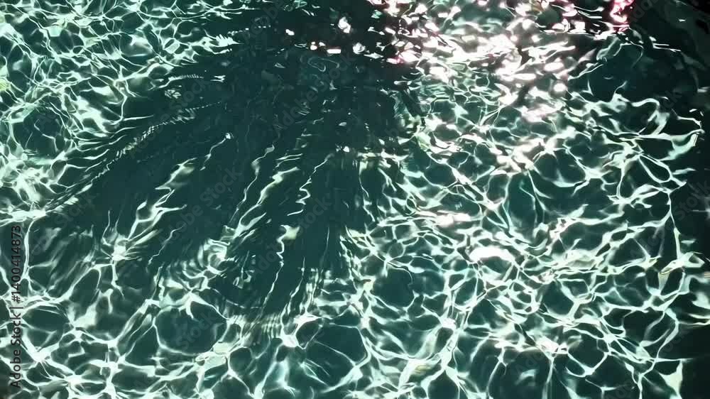 Poster top-down video shot of sunlight creating shimmering patterns on a swimming pool's surface, evoking a