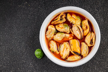 Mussels canned seafood appetizer dish organic product fresh tasty gourmet food background on the table rustic food top view copy space keto paleo pescetarian diet vegetarian food