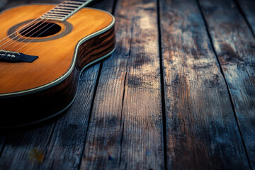Fototapeta premium Ukulele guitar resting on a wooden table, surrounded by green plants, creating a serene and nature-inspired music setting.